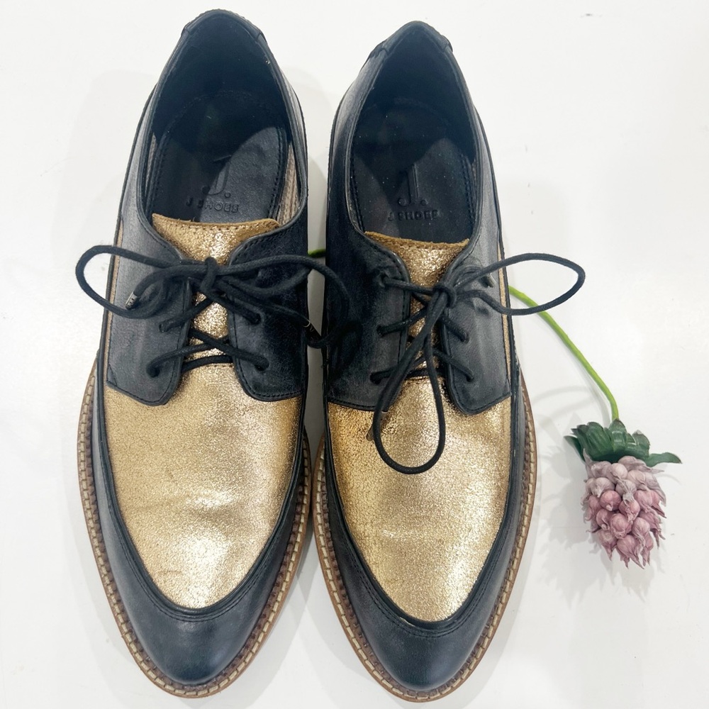 J. SHOES Leather Black Gold Lace-Up Oxfords Platform Loafers Wingtips Size 7